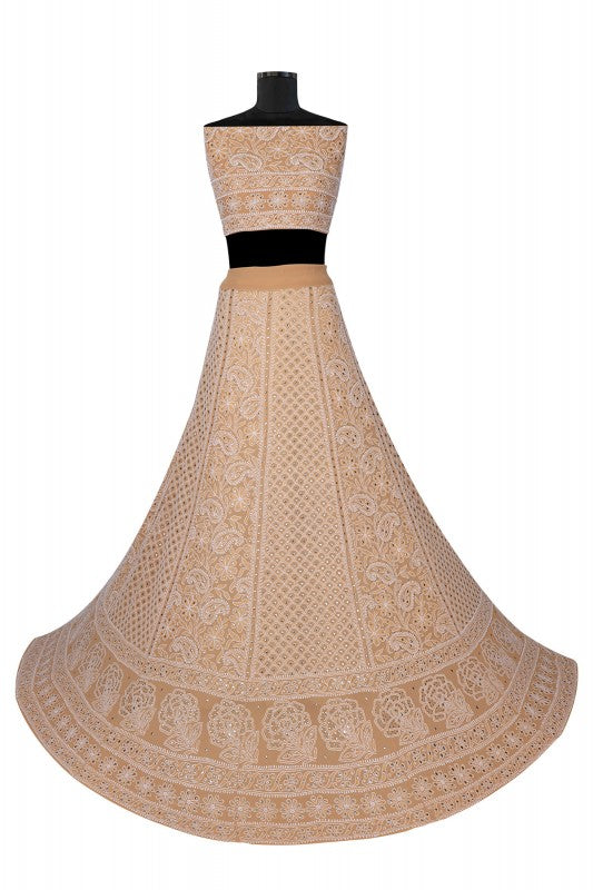 Ada Hand Embroidered Fawn Pure Georgette Lucknowi Chikankari Lehenga Set With Muqaish Work A578331