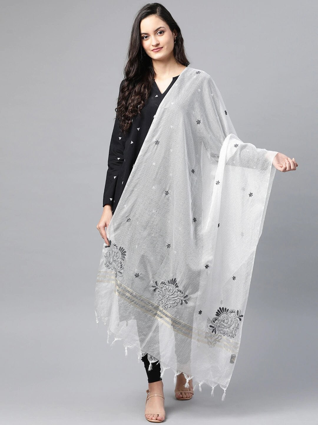 Ada Hand Embroidered White Kota Lucknowi Chikankari Dupatta-A511141