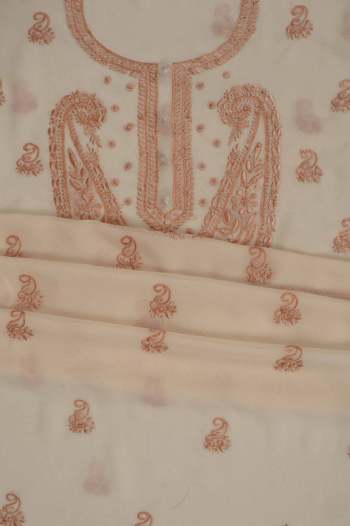 Ada Hand Embroidered Beige Pure Georgette Lucknowi Chikankari Unstitched Kurta Dupatta Set With Zari Work AA411297