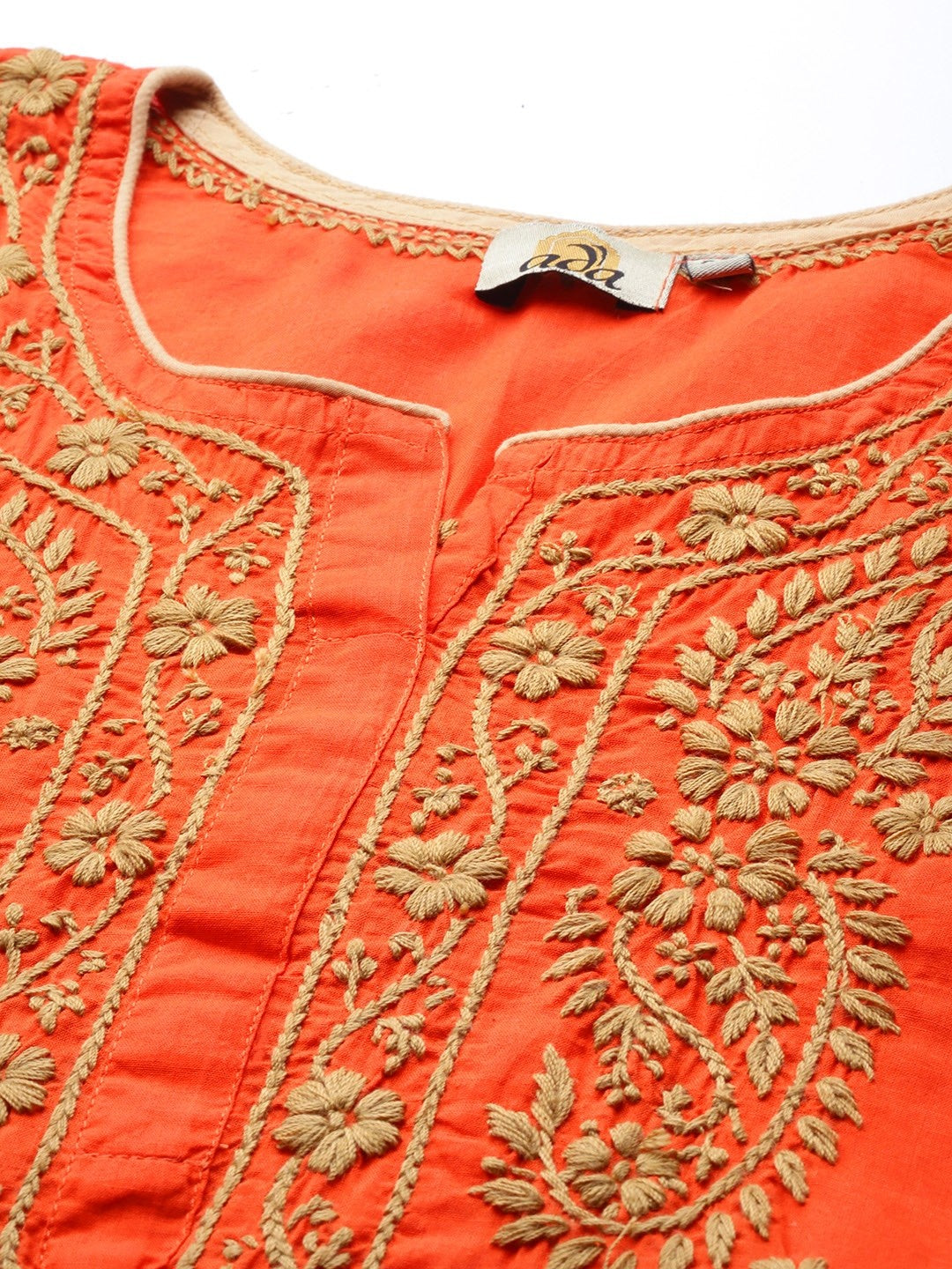 Ada Hand Embroidered Orange Cotton Lucknowi Chikankari Short Kurti A250565