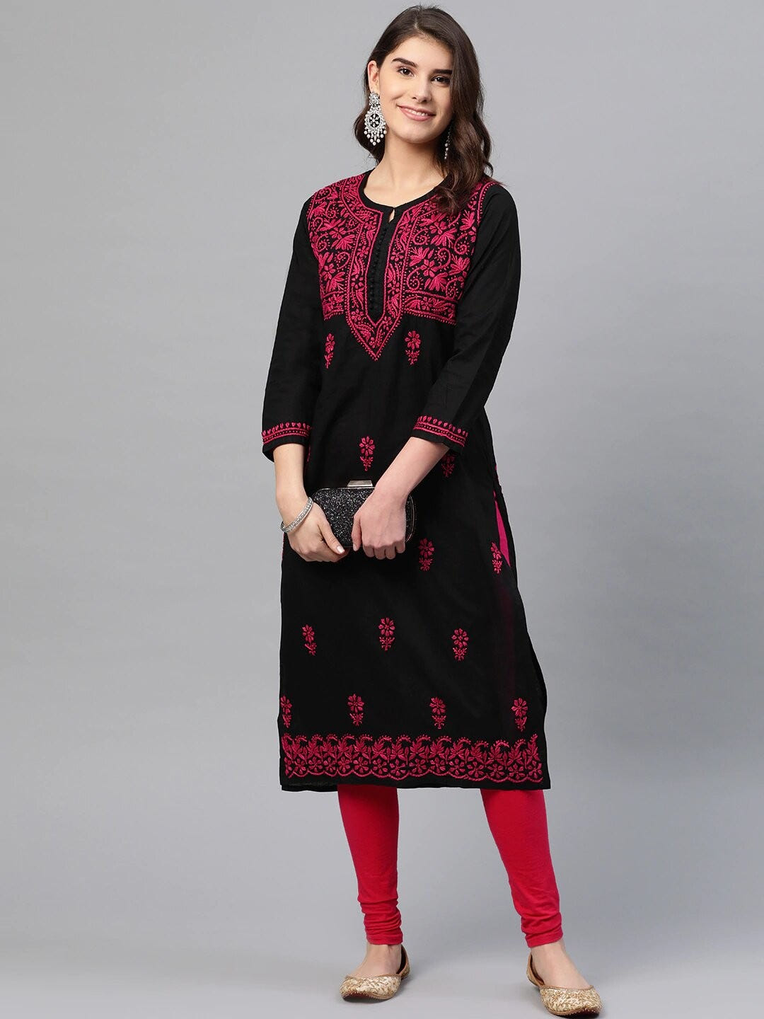 Ada Hand Embroidered Black Cotton Lucknowi Chikankari Straight Kurta A411543