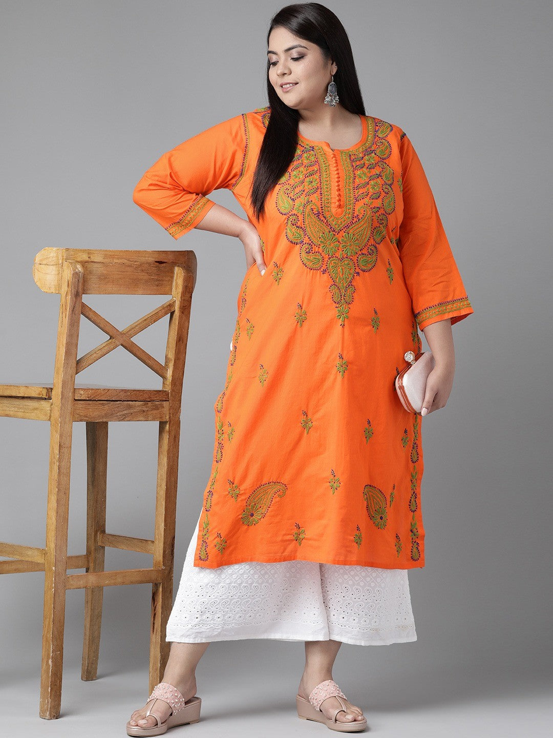 Ada Hand Embroidered Orange Cotton Lucknowi Chikankari Straight Kurta A223686