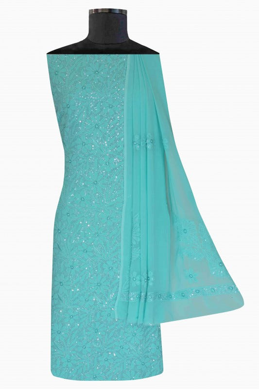 Ada Hand Embroidered Turquoise Blue Georgette Lucknowi Chikan Unstitched Kurta Dupatta Set with Sequinned Work A611683