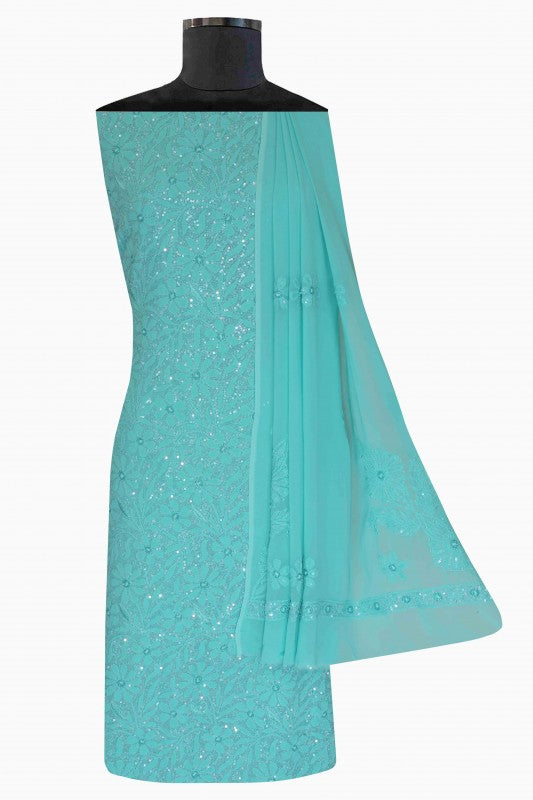 Ada Hand Embroidered Turquoise Blue Georgette Lucknowi Chikan Unstitched Kurta Dupatta Set with Sequinned Work A611683