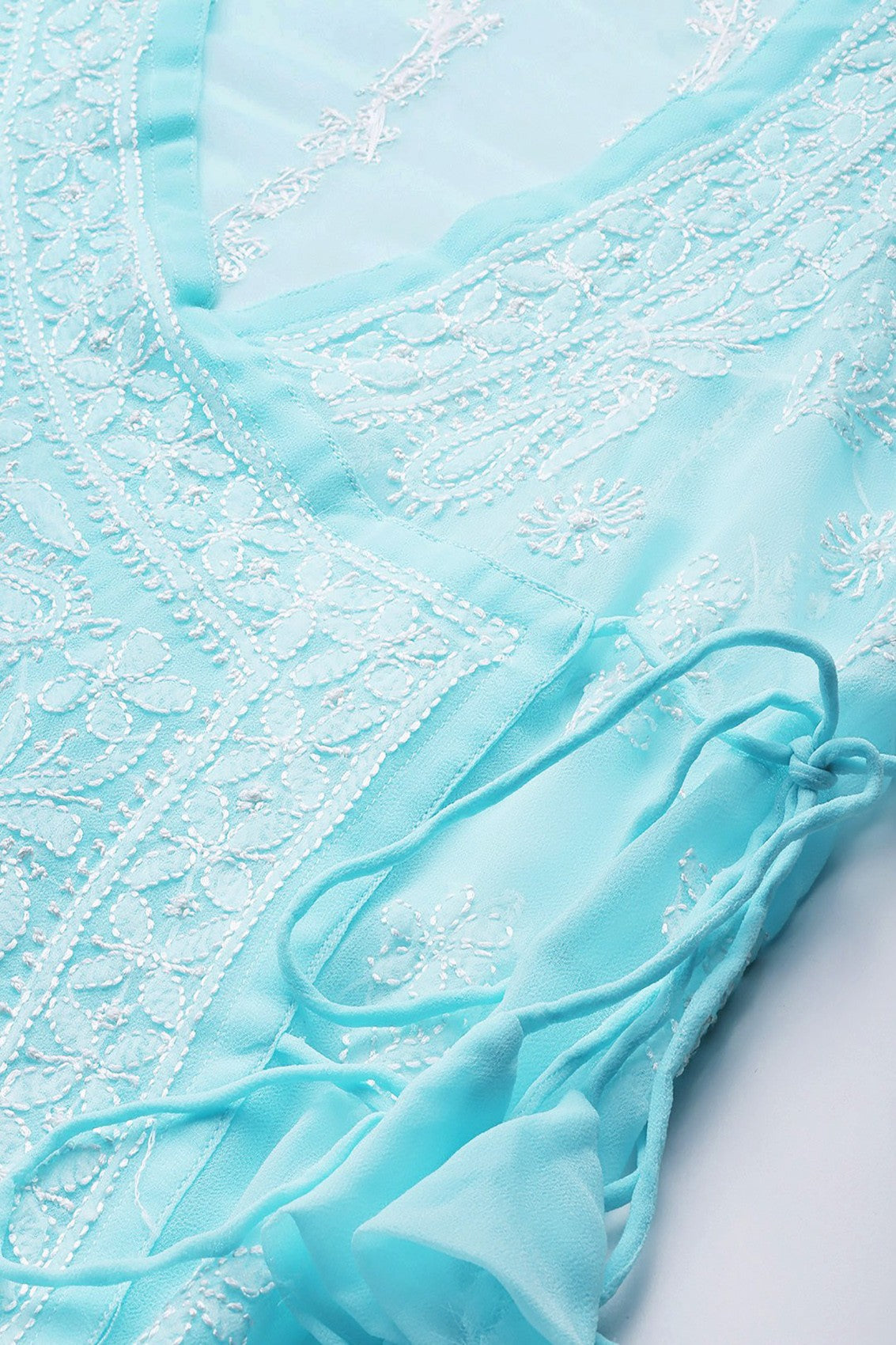 Ada Hand Embroidered Blue Georgette Lucknowi Chikankari Angarkha Kurta with Slip A411263