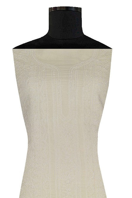 Ada Hand Embroidered Cream Cotton Lucknowi Chikan Unstitched Kurta Piece- A502197