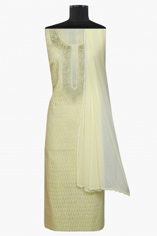 Ada Hand Embroidered Lemon Cotton Lucknowi Chikan Unstitched Suit Piece–A100185
