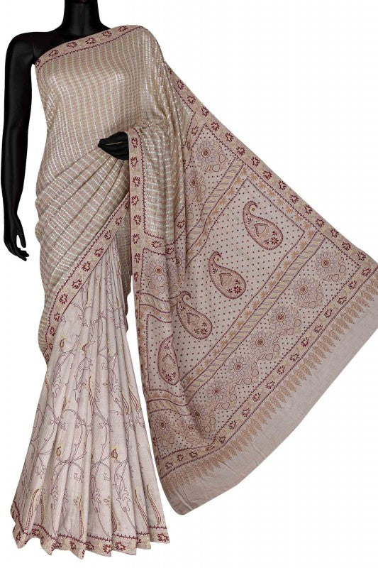 Ada Hand Embroidered Fawn Tusser Silk Lucknow Chikan Saree/Blouse With Pearl Work-A70568