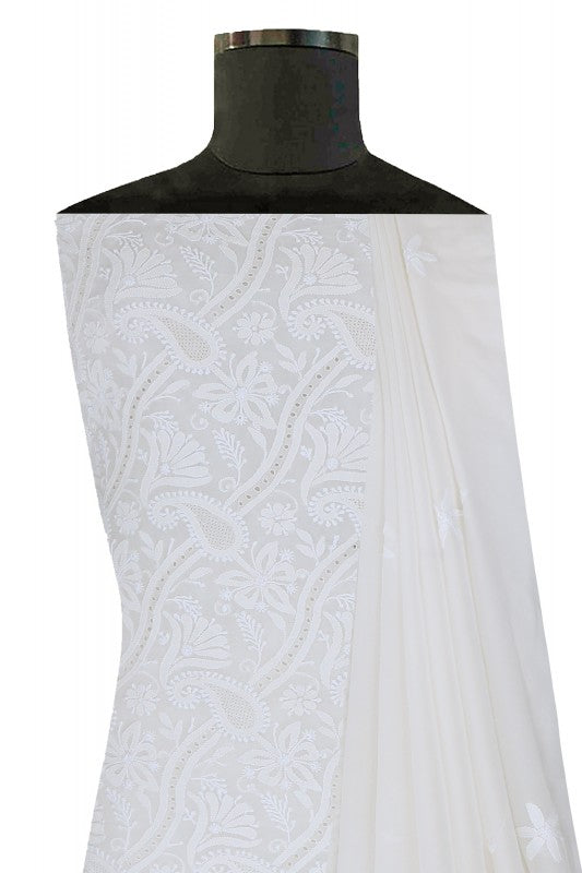 Ada Hand Embroidered White Pure Georgette Lucknowi Chikan Unstitched Kurta Dupatta Set A582986