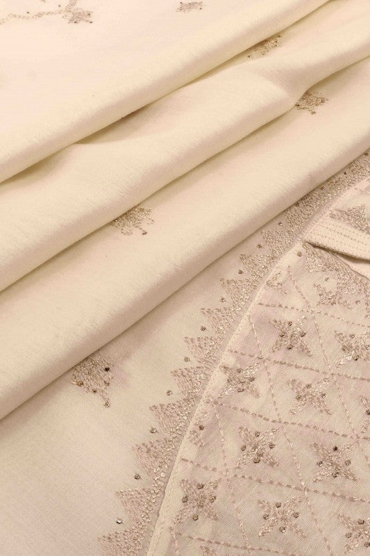 Ada Hand Embroidered Cream Chanderi Lucknowi Chikan Unstitched Kurta Dupatta Set A595357
