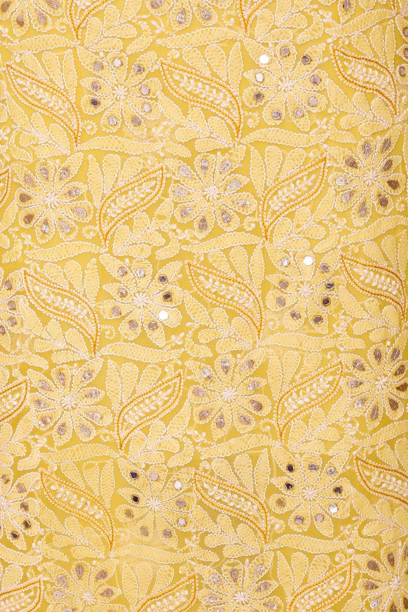 Ada Hand Embroidered Sunglow Yellow Georgette Lucknowi Chikan Unstitched Kurta Dupatta with Gota patti Work A576962