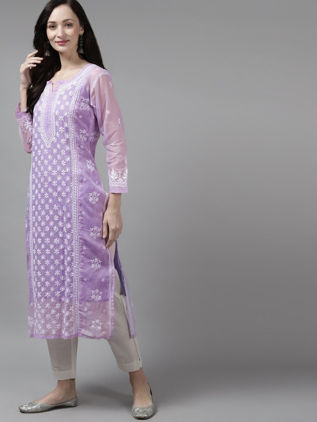 Ada Hand Embroidered Mauve Kota Lucknow Chikankari Kurta With Slip- A411309