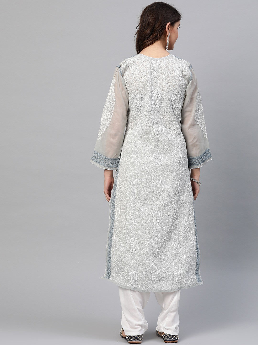 Ada Hand Embroidered Grey Cotton Lucknow Chikan Kurta A411163