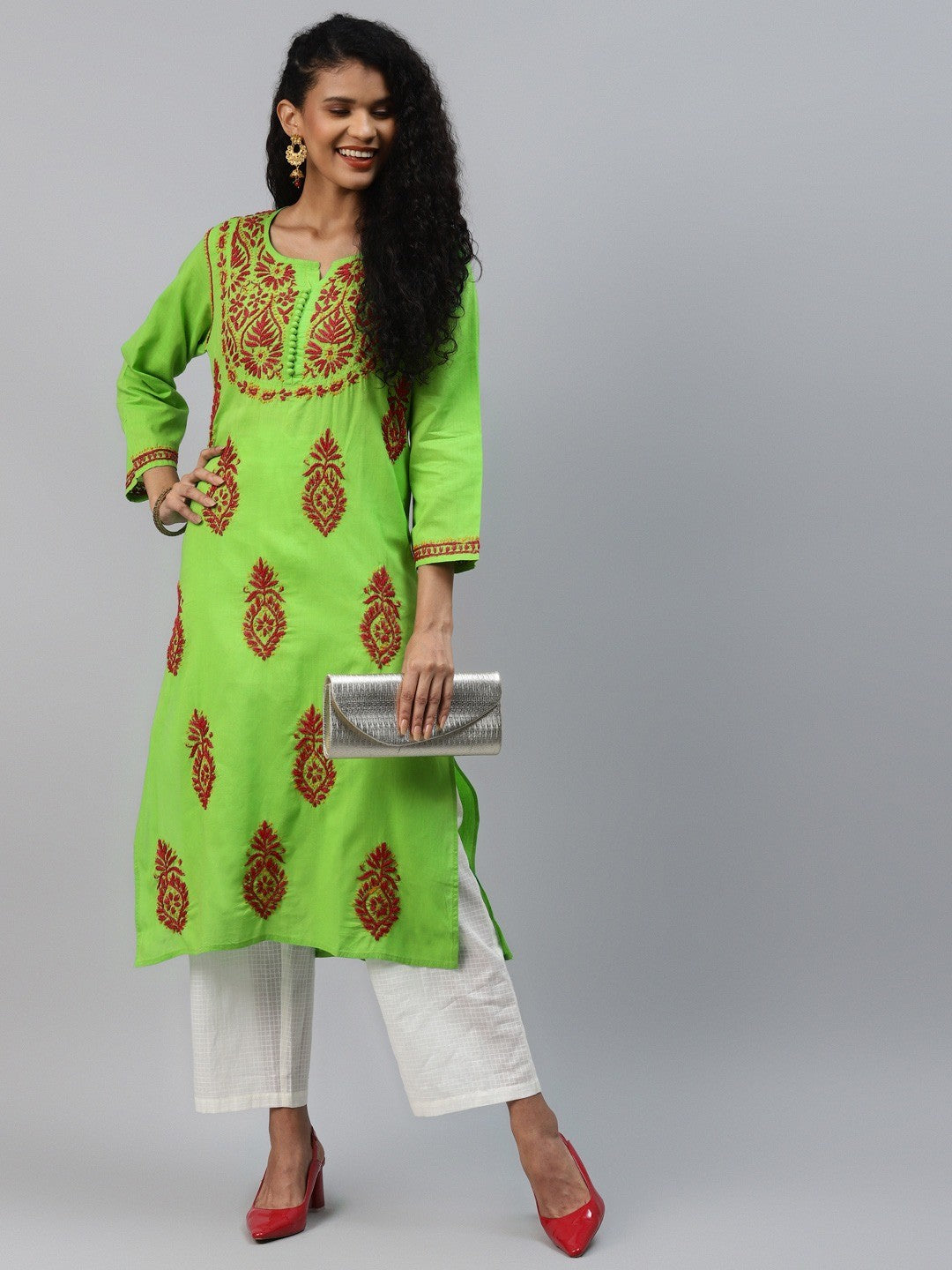Ada Hand Embroidered Green Cotton Lucknowi Chikankari Straight Kurta-A174385
