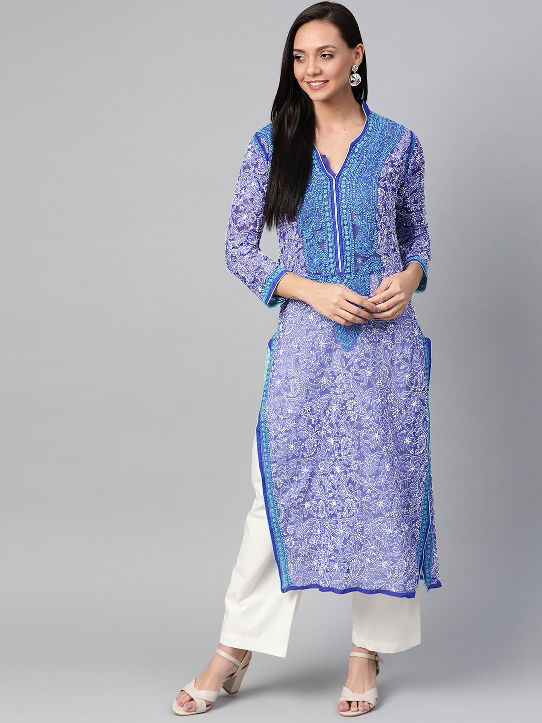 Ada Hand Embroidered Royal Blue Faux Georgette Lucknowi Chikankari Kurta A100465