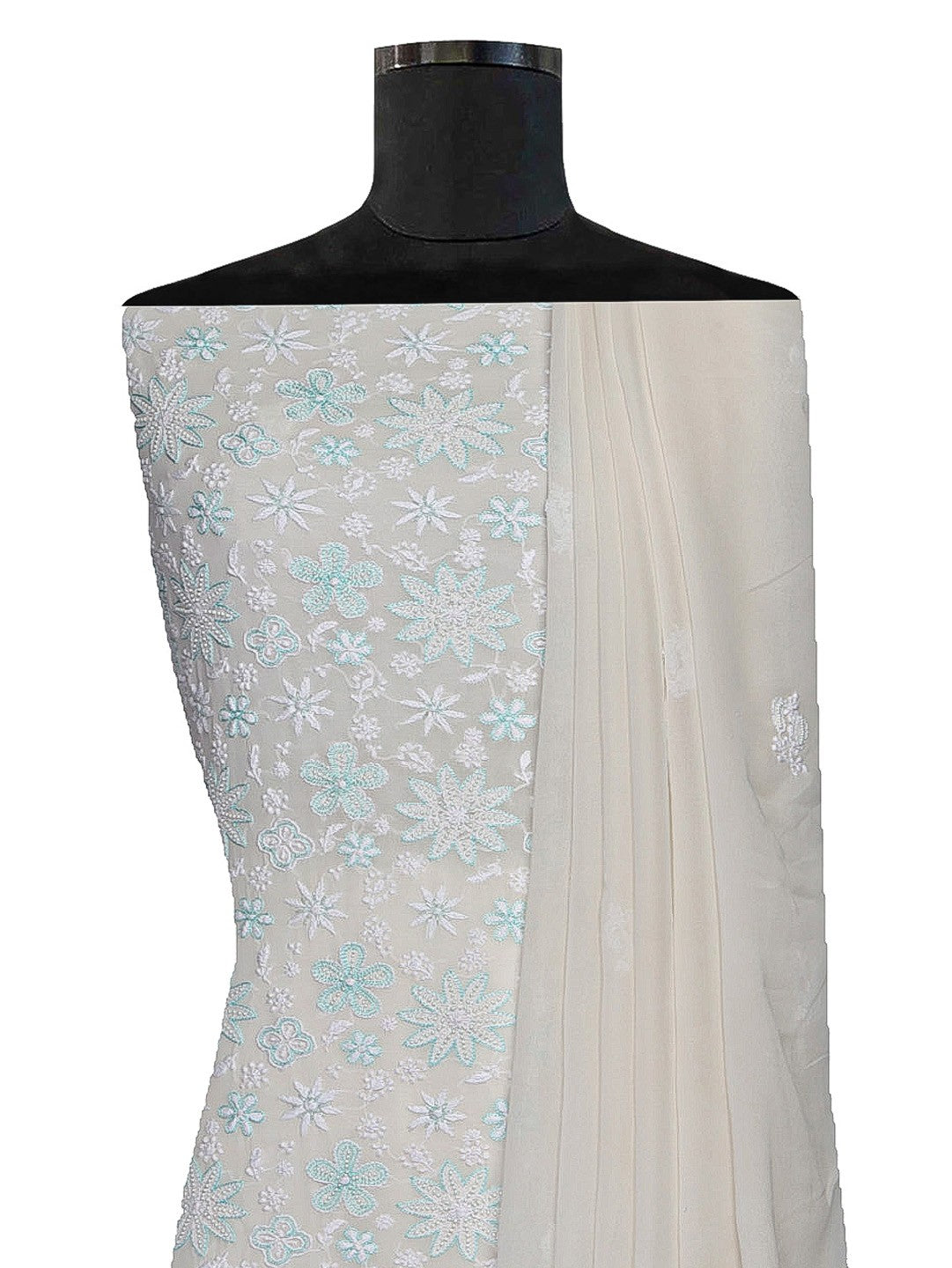 Ada Hand Embroidered Smoke White Pure Georgette Lucknowi Chikan Unstitched Kurta Dupatta–A609242