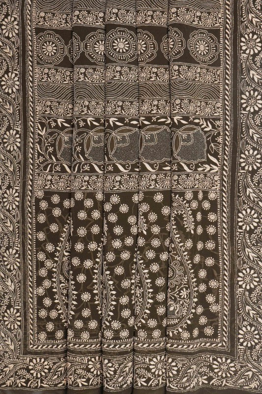 Ada Hand Embroidered Rust/Dark Olive Green Pure Georgette Lucknow Chikan Saree With Blouse-A290028
