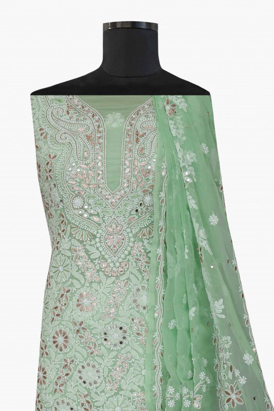 Ada Hand Embroidered Fern Green Faux Georgette Lucknowi Chikan Unstitched Kurta Dupatta Set with Gota Patti Work A465351