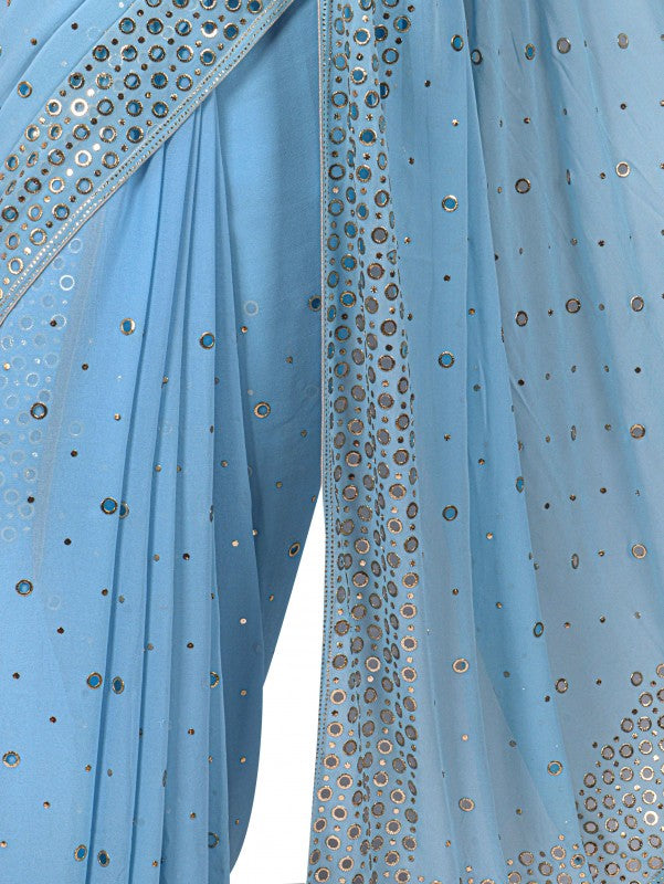 Ada Hand Embroidered Maya Blue Pure Georgette Lucknowi Chikankari Saree/Blouse with Muqaish Work A621526