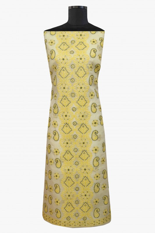 Ada Hand Embroidered Lemon Cotton Lucknowi Chikan Unstitched Suit Piece–A100168