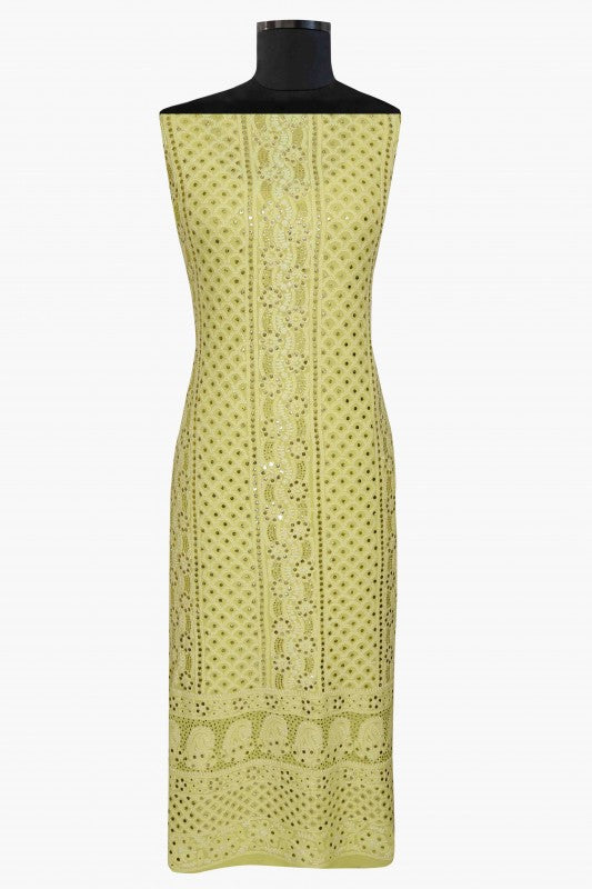 Ada Hand Embroidered Lime Green Pure Georgette Lucknowi Chikan Unstitched Kurta-Dupatta set With Muqaish Work–A532931