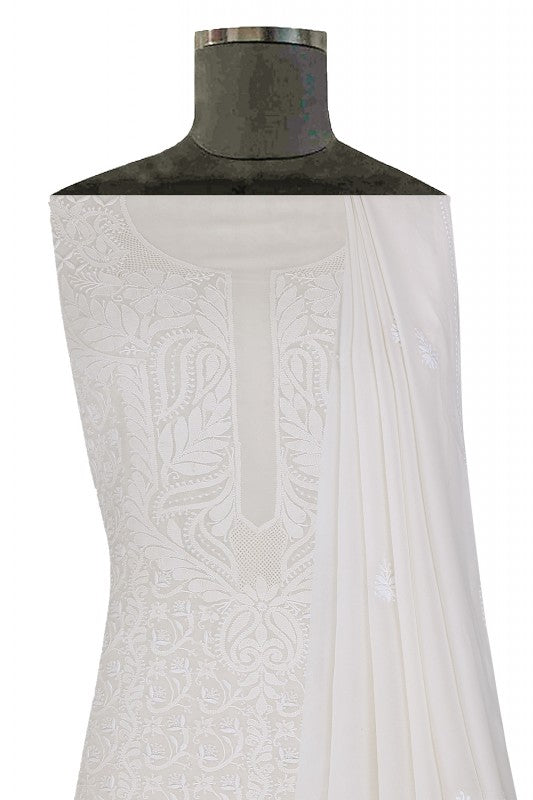 Ada Hand Embroidered White Pure Georgette Lucknowi Chikan Unstitched Kurta Dupatta Set A449761