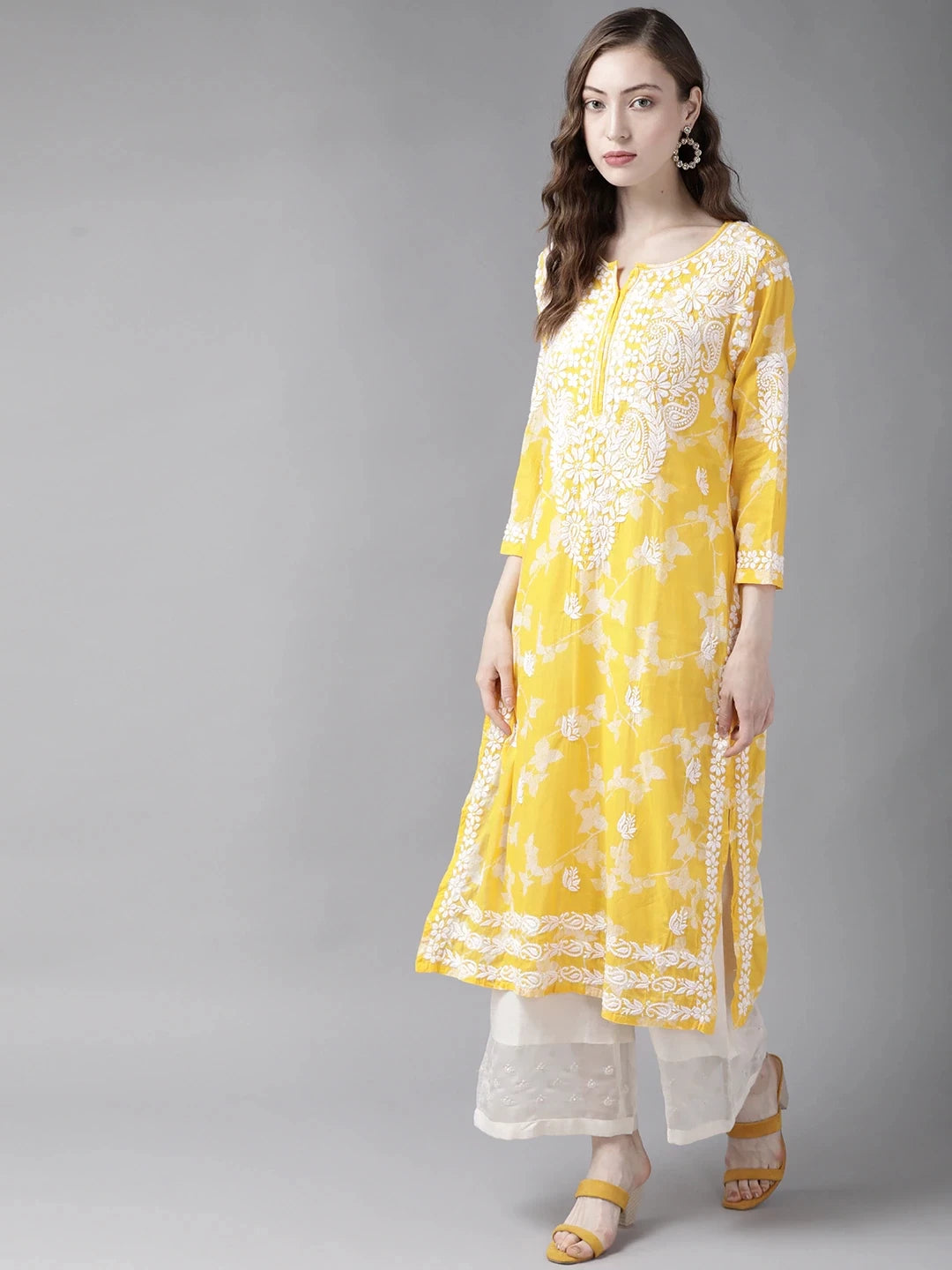 Ada Hand Embroidered Yellow Cotton Lucknowi Chikan Kurta A411268