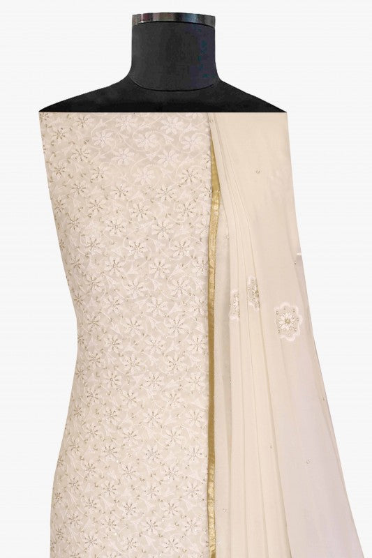 Ada Hand Embroidered Off White Pure Georgette Lucknowi Chikan Unstitched Kurta Dupatta Set with Pearl & Sequinned Work A227700