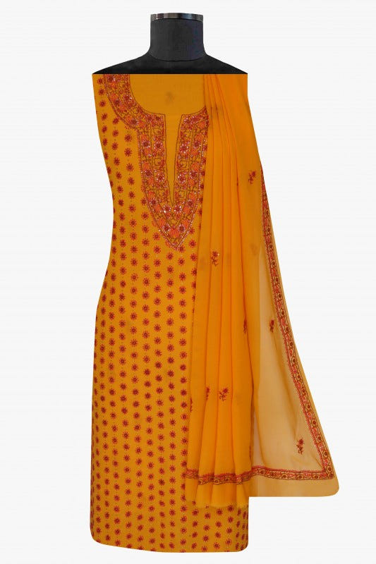 Ada Hand Embroidered Mustard Pure Georgette Lucknowi Chikan Unstitched Suit Piece with Muqaish Work A94468