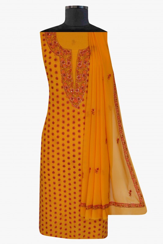 Ada Hand Embroidered Mustard Pure Georgette Lucknowi Chikan Unstitched Suit Piece with Muqaish Work A94468