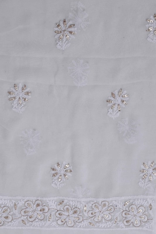 Ada Hand Embroidered White Pure Georgette Lucknowi Chikan Unstitched Kurta Dupatta Set with Gotapatti Work A532940