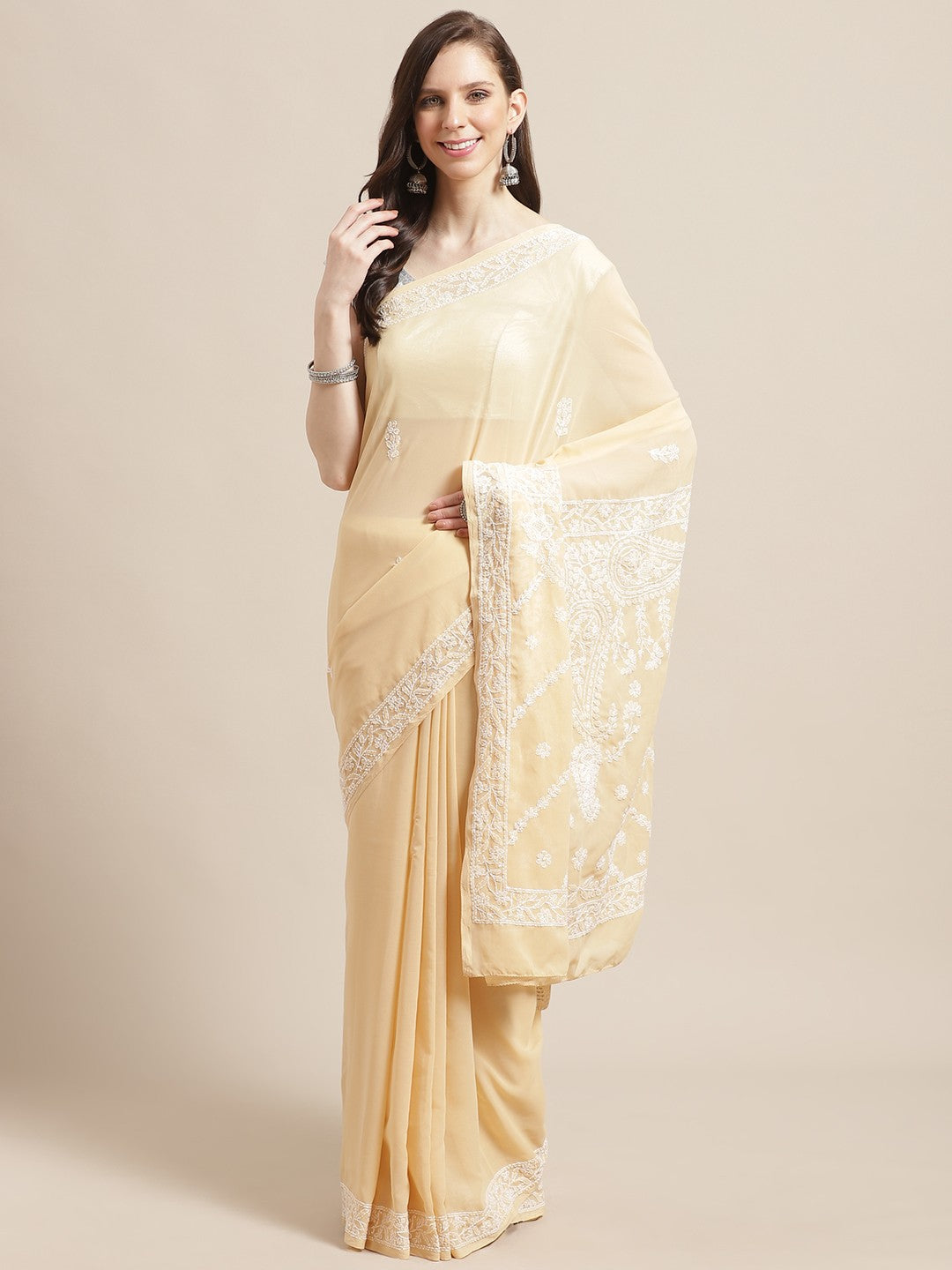 Ada Hand Embroidered Fawn Georgette Lucknow Chikan Saree with Blouse A191793