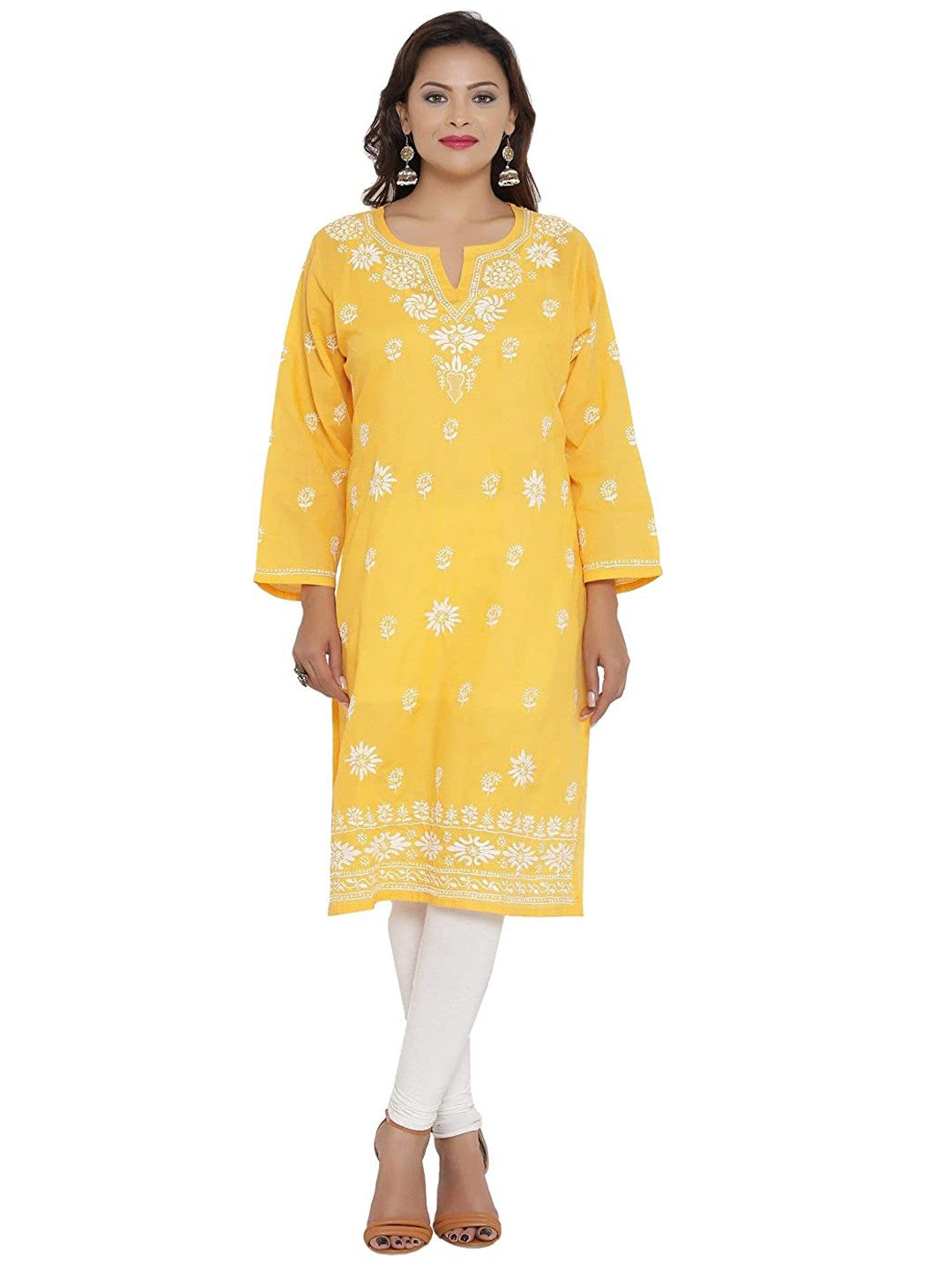 Ada Hand Embroidered Yellow Cotton Lucknow Chikankari Straight Kurta- A210483