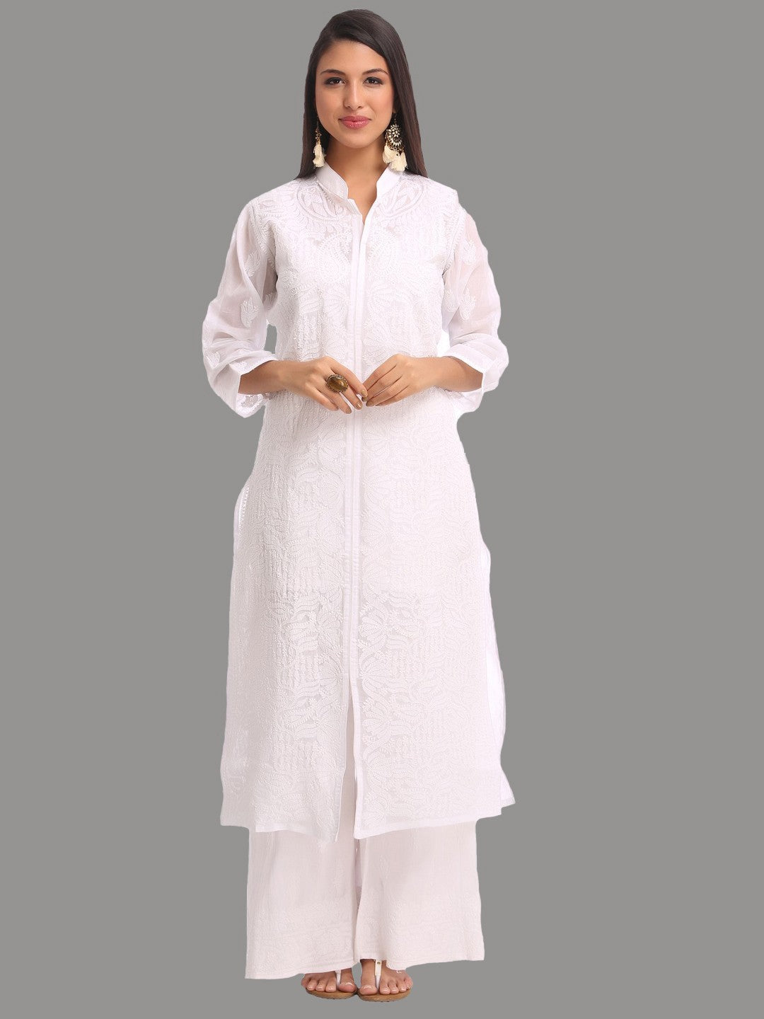 Ada Hand Embroidered White Cotton Lucknowi Chikankari Straight Kurta A230732