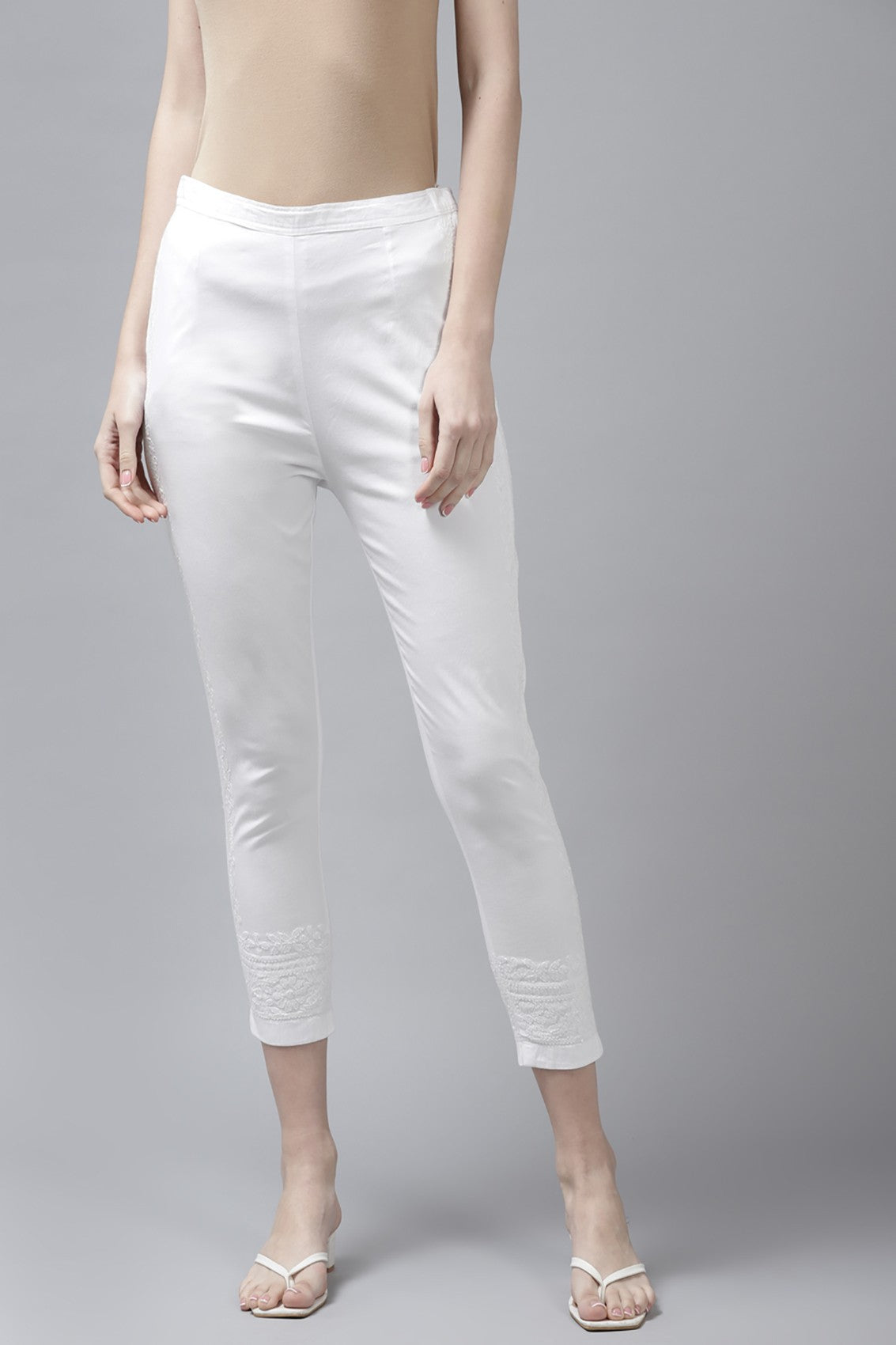 Ada Hand Embroidered White Cotton Lucknowi Chikankari Pant A711158