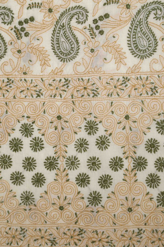 Ada Hand Embroidered Cream Cotton Lucknowi Chikan Unstitched Suit Piece- A211112