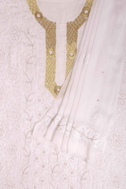 Ada Hand Embroidered White Georgette Lucknowi Chikan Unstitched Kurta Dupatta Set With Pearl Work A579385