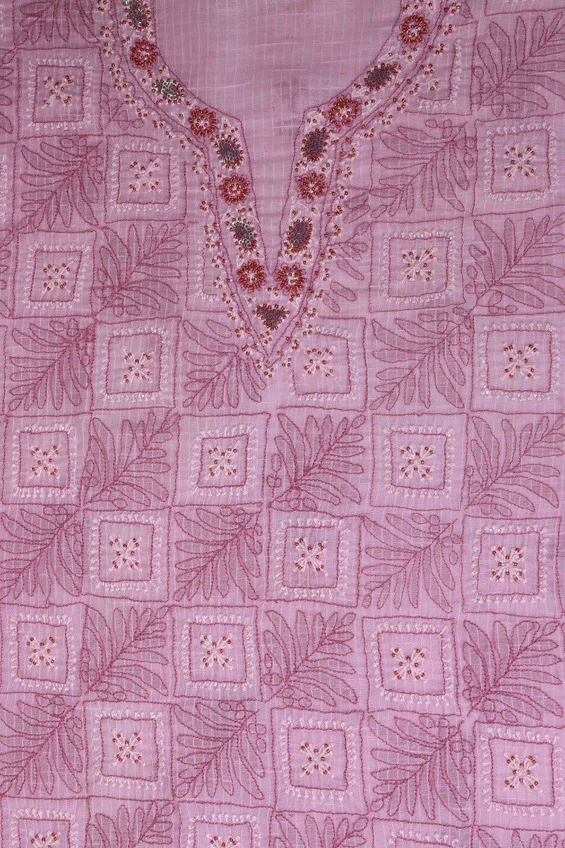 Ada Hand Embroidered Lavender Cotton Lucknowi Chikan Unstitched Suit Piece With Pearl & Sequinned Work -A461847