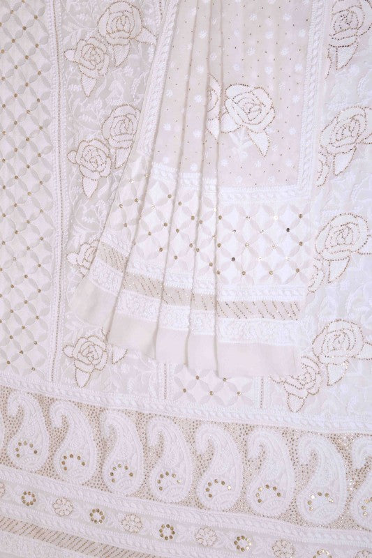 Ada Hand Embroidered White Pure Georgette Lucknowi Chikankari Unstitched Kurta Dupatta Set With Muqaish Work 01A124386
