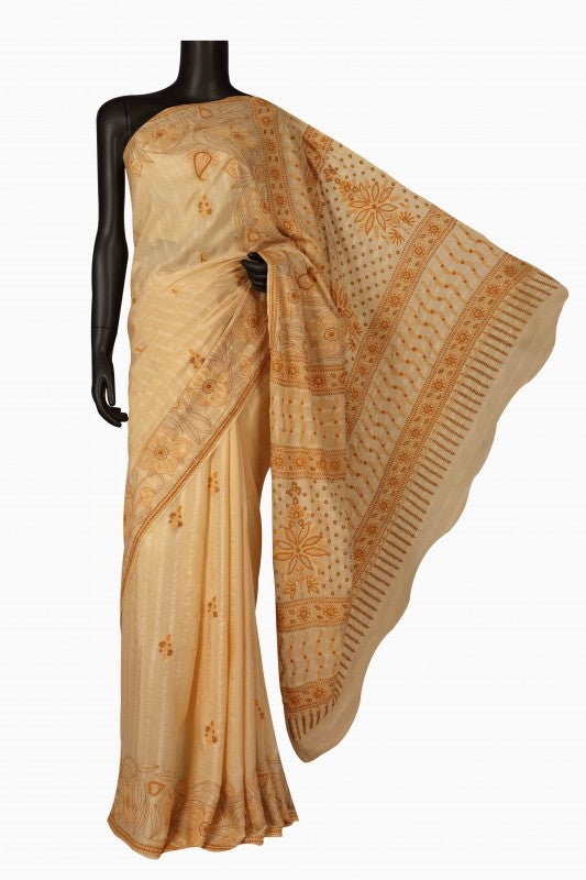 Ada Hand Embroidered Fawn Crepe Lucknowi Chikankari Saree With Blouse A108882
