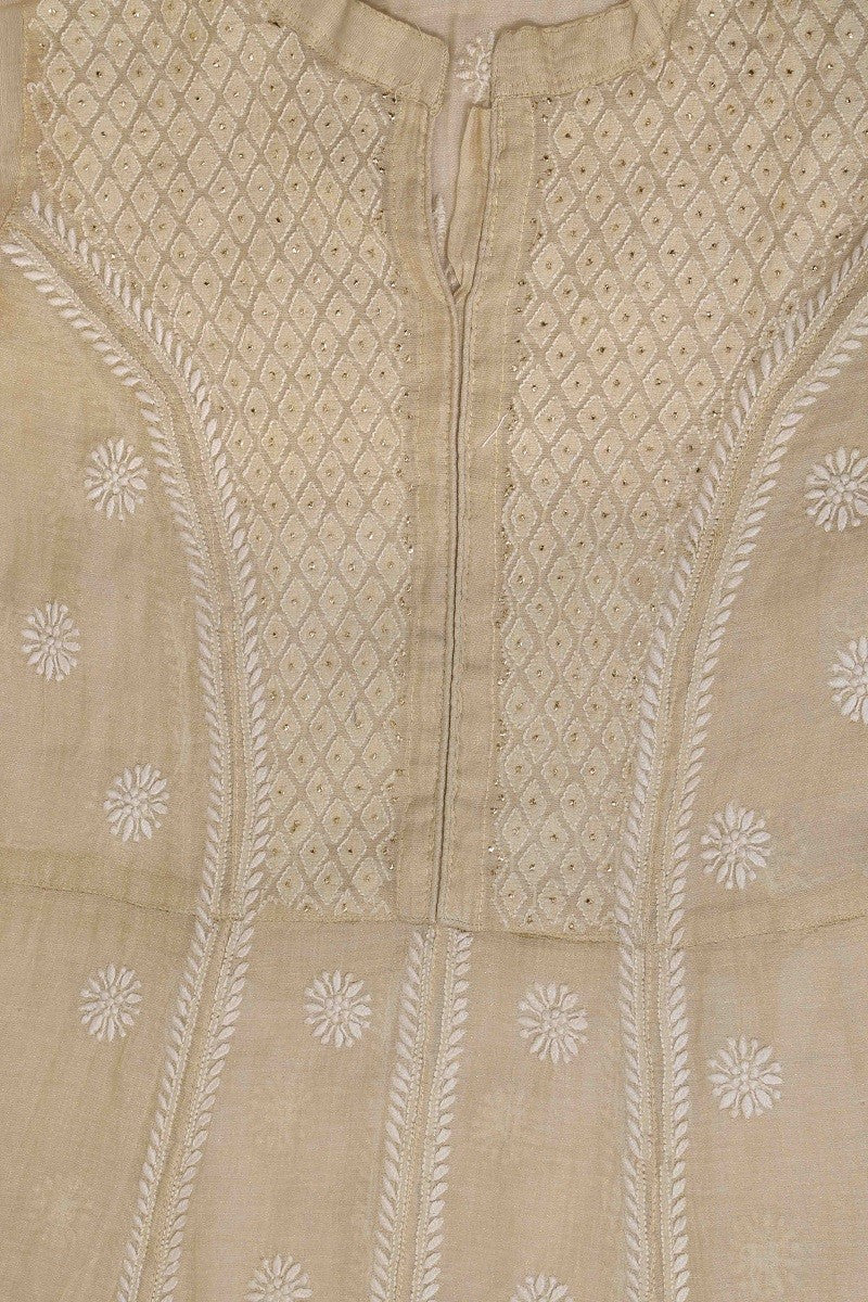 Ada Hand Embroidered Natural Fawn Tissue Lucknowi Chikan Semi-Stitched Kurta Piece With Muqaish Work-A575203