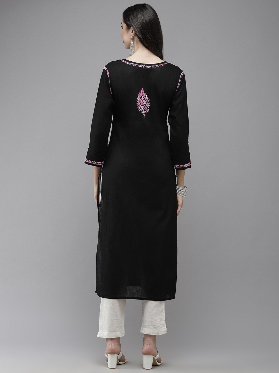 Ada Hand Embroidered Black Cotton Lucknow Chikankari Straight Kurta A411274