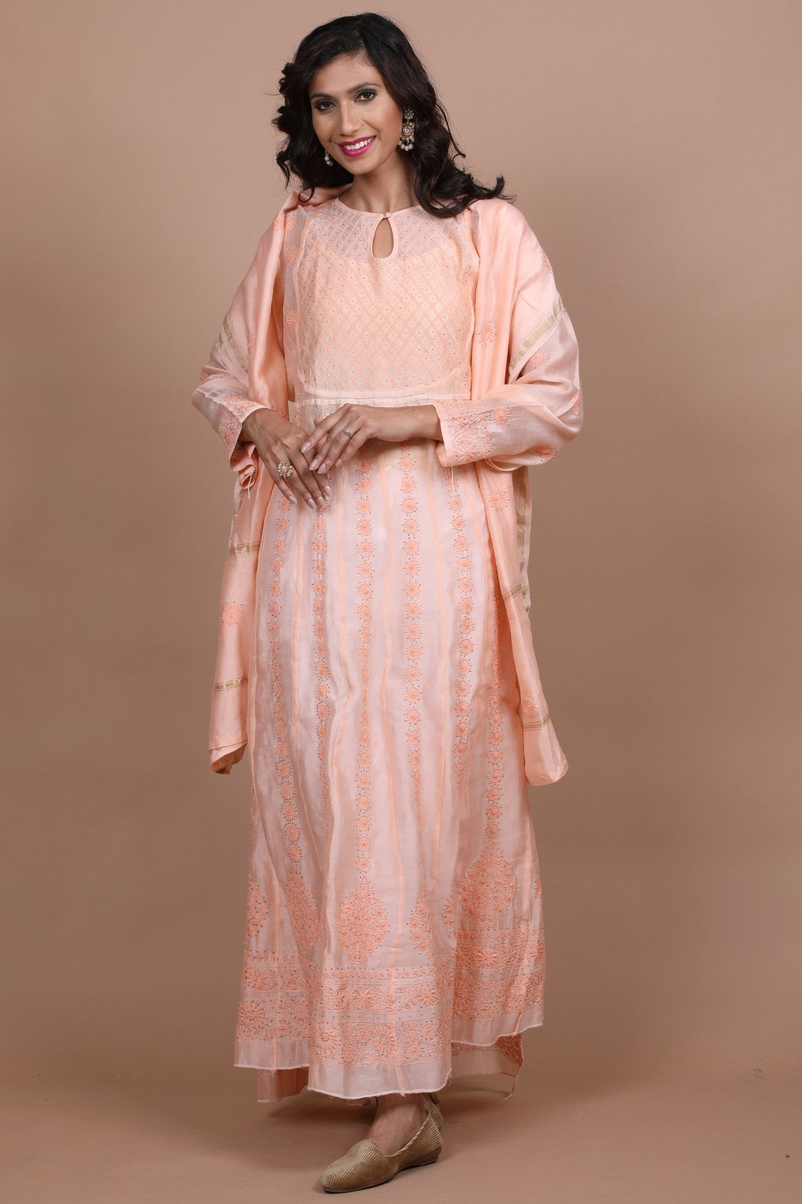 Ada Hand Embroidered Salmon Peach Chanderi Lucknowi Chikankari Semi-Stitched Anarkali Kurta Dupatta Set With Muqaish Work A588008