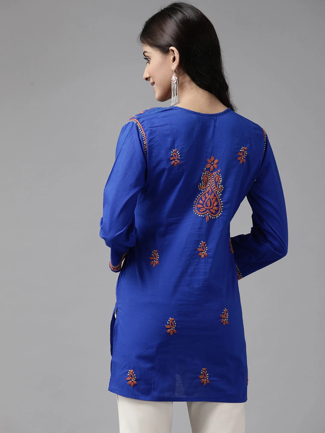 Ada Hand Embroidered Royal Blue Cotton Lucknow Chikan Kurti–A226846