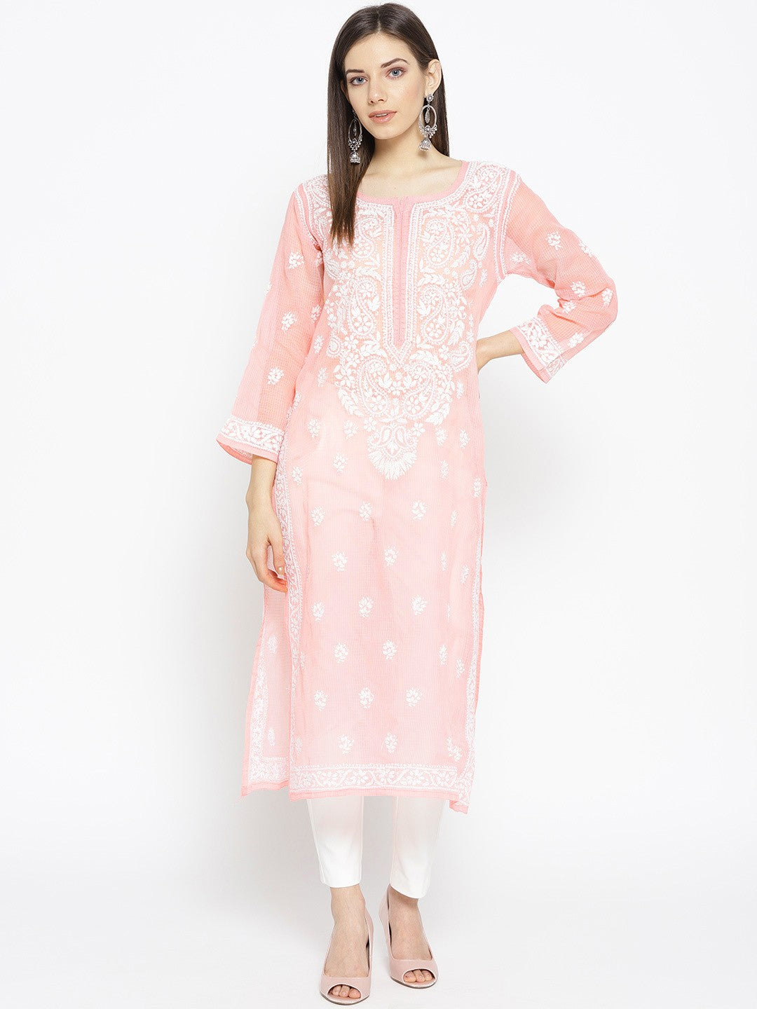 Ada Hand Embroidered Peach Kota Lucknowi Chikankari Straight Kurta With Slip A100119
