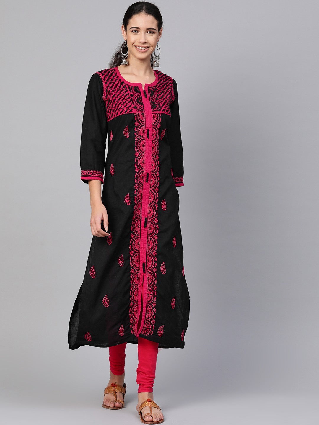 Ada Hand Embroidered Black Cotton Lucknowi Chikankari Straight Kurta A100375