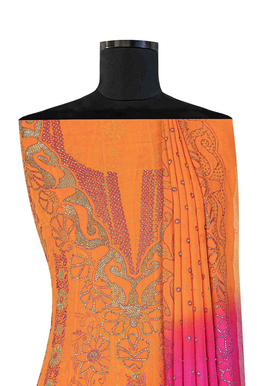 Ada Hand Embroidered Orange/Magenta Pure Georgette Semi-stitched Anarkali Kurta Dupatta Set With Muqaish Work A266362