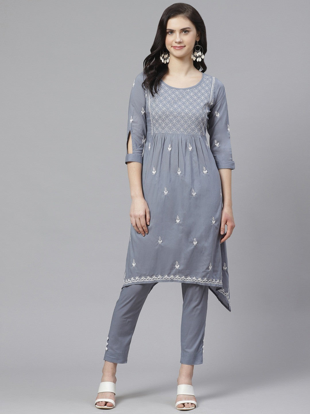 Ada Hand Embroidered Grey Cotton Lucknowi Chikankari A-Line Kurta With Trouser A100338