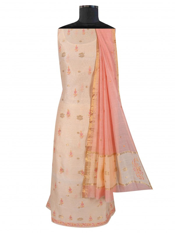 Ada Hand Embroidered Peach Chanderi Lucknowi Chikankari Unstitched Kurta Dupatta Set A622156