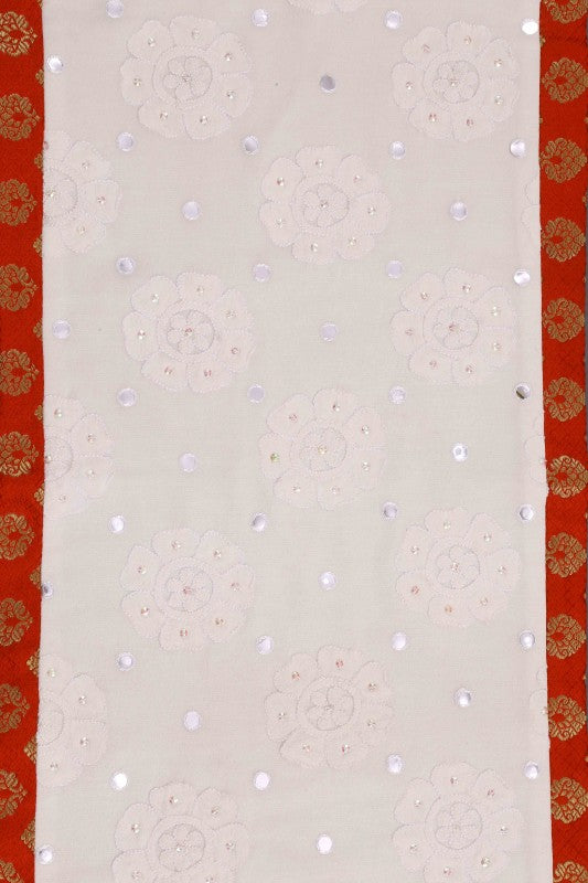 Ada Hand Embroidered White Pure Georgette Lucknowi Chikankari Table Runner With Sequinned Work 01A15146